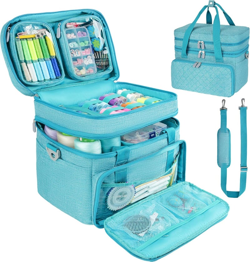 MRINCA Sewing Accessories Organizer Bag, Double Layer Sewing Storage Bag with Shoulder Strap, 2 Detachable Pouches, Large Portable Sewing Travel Case for Supplies, Thread, Scissors, Tools (Blue) - Image 1